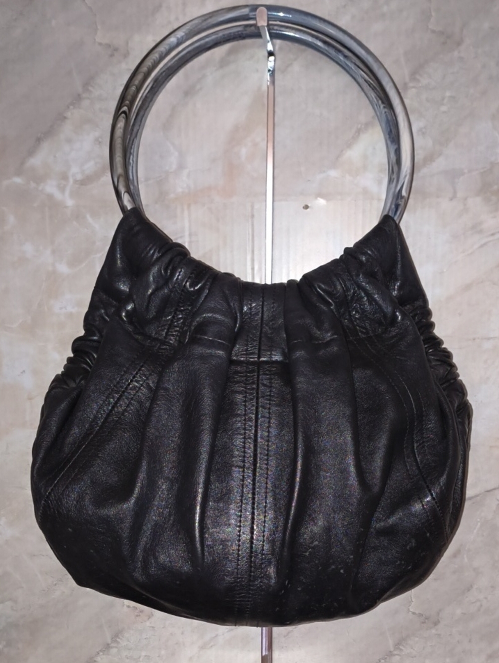 Black Leather Vintage Circle-Handle Women’s Bag